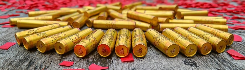 A close-up shot of a Chinese New Year firecracker chain with golden accents