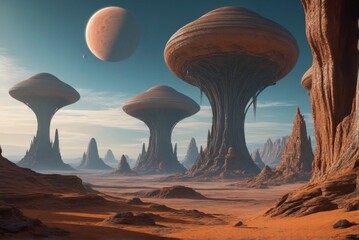 A surreal alien landscape with towering