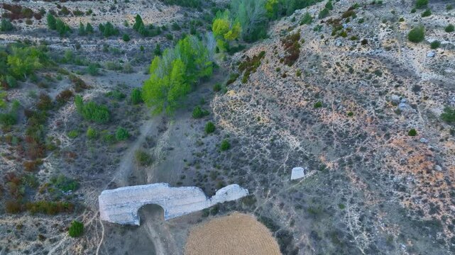 Landscape at the Roman Aqueduct of the village of Zaorejas. Aerial view from drone. Molina Alto Tajo Geopark. Alto Tajo Natural Park. Guadalajara. Castilla la Mancha. Spain. Europe. Rewilding Europe