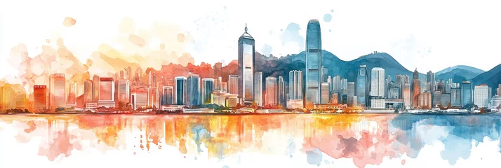 Papier peint photo intissé Hong Kong Skyline Watercolor Painting - Vibrant watercolor illustration of Hong Kong's iconic skyline, capturing city, harbor, mountains, and architectural details.  A beautiful cityscape, travel, and