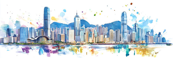 Hong Kong Watercolor Skyline: A Christmas Panorama - Vibrant watercolor painting of Hong Kong's iconic skyline at Christmas. Captures city, harbor, mountains, festive spirit, and architectural beauty.