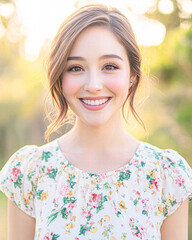 Fototapeta premium A woman with a floral print shirt is smiling and looking at the camera