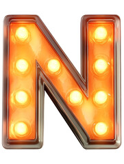 Ai Generated Art 3d Lighted Vintage Capital Marquee N Letter Made of Orange Lights on a Transparent Background