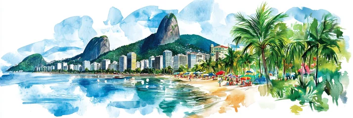 Rio de Janeiro Watercolor Panorama - Stunning watercolor illustration of Rio's iconic beach, Sugarloaf Mountain, cityscape, palm trees, and vibrant beach life.  Evokes relaxation, travel, and beauty.
