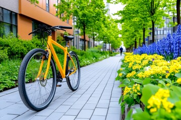 Fototapeta premium A scenic shot of a bike parked near a modern office. Generative AI