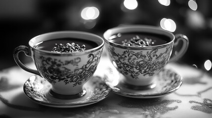 Fototapeta premium Two elegant tea cups on a decorative table with warm hues and a cozy ambiance