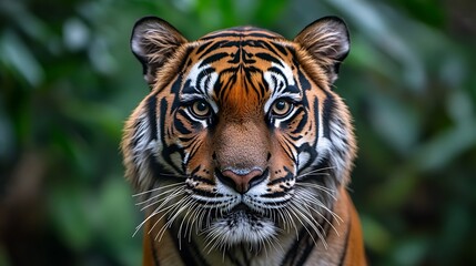Obraz premium Close-up portrait of a majestic tiger staring directly at the camera, set against a blurred backdrop of lush green foliage.