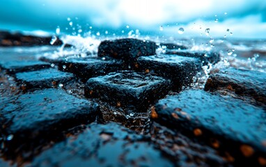 Naklejka premium Close-up of giant's causeway basalt columns with splashing water