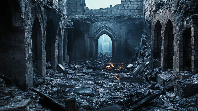 A desecrated shrine where charred remains of relics are scattered amidst the wreckage of stone walls.