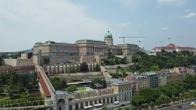 Aerial view of Buda Castle Hill and the Danube river, Budapest, Hungary, 4k