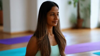 A South Asian woman engages in a mindfulness yoga session led by an instructor in a calm studio