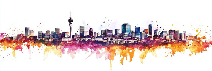 Obraz premium Vibrant Watercolor Skyline of Johannesburg, South Africa - Johannesburg cityscape, watercolor painting, vibrant colors, urban landscape, South Africa.