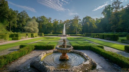 A fountain in a garden with a statue of a child