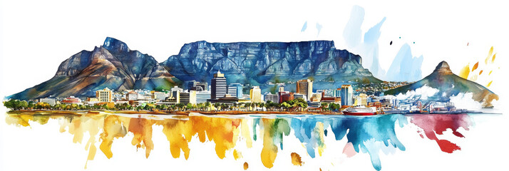 Watercolor Cape Town Skyline - Vibrant watercolor painting of Cape Town, South Africa, showcasing Table Mountain, city skyline, ocean, and artistic splashes. Symbolizes beauty, travel, nature, urban l