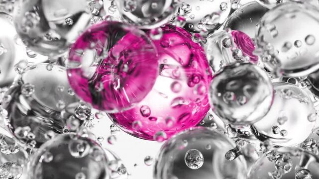 Pink serum with liquid bubbles in a 3D abstract background. Hydrating essence gel with collagen molecules. Moisturizing cream or oil for skincare and beauty.