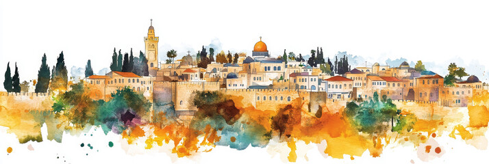 Fototapeta premium Watercolor Panorama of Jerusalem - Vibrant watercolor painting of Jerusalem's Old City, showcasing its ancient walls, iconic Dome of the Rock, and charming architecture. Evokes history, faith, travel