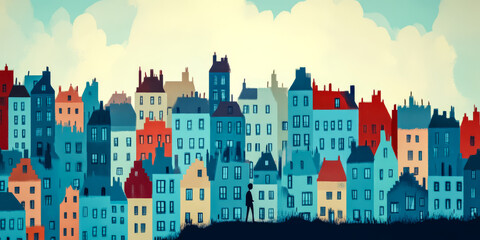 Fototapeta premium Colorful city skyline showcasing diverse architecture and a lone figure walking at dusk