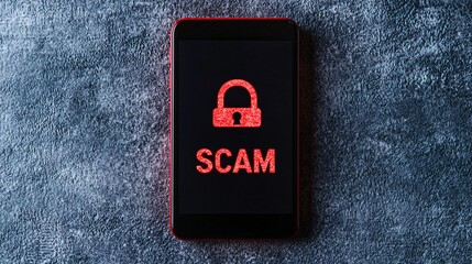 Scam calls concept. Mobile phone displays a red SCAM alert with a padlock symbol on a textured background.