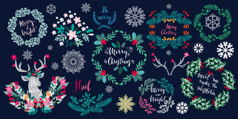 Fototapeta premium Merry Christmas and Happy New Year holiday abstract background template set decor elements Xmas vector illustration