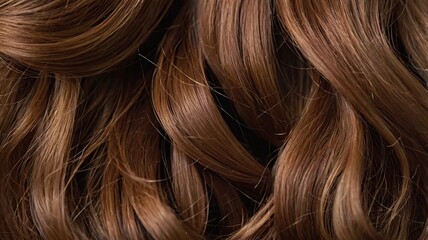 Naklejka premium Brown hair close-up as a background. Women's long brown hair. Beautifully styled wavy shiny curls. Hair coloring. Hairdressing procedures, extension.