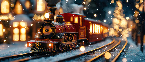 Miniature snowy railway with a colorful toy train puffing steam. Perfect for festive mockup,kids' themes, seasonal marketing, and nostalgic Christmas designs.Generative ai