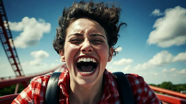 Excited woman screaming joyfully while riding a thrilling rollercoaster