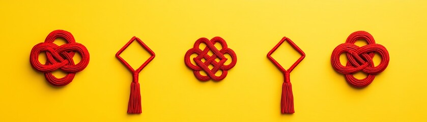 Naklejka premium A close-up shot of a traditional Chinese knot decoration in bright red, isolated on a gold silk fabric background, with every detail arranged to emphasize its cultural elegance