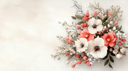 Beautiful Floral Arrangement with Poppies and Berries on Soft Neutral Background