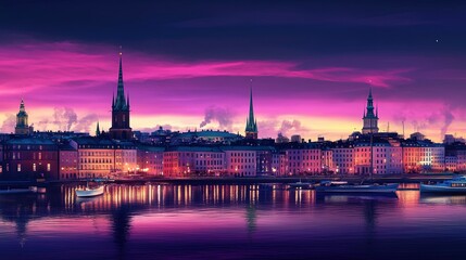 Obraz premium Stunning Cityscape at Sunset with Colorful Reflections on the Water