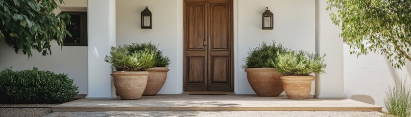 Fototapeta premium A charming entrance featuring a wooden door, warm lighting, and lush potted plants, creating an inviting atmosphere.