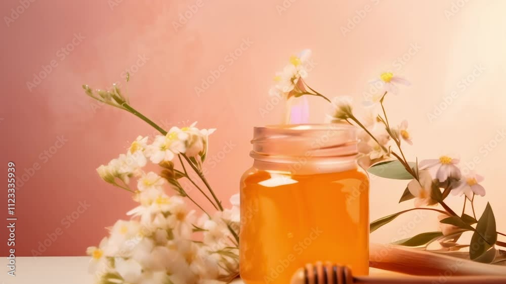 Poster honey dripping into glass jar with wooden honey dipper and small white flowers on white table agains