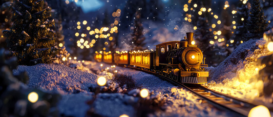 Obraz premium Winter magic postcard with a festive steam train crossing a snowy forest landscape. Great for Christmas marketing, holiday mock up and seasonal designs.New Year.Generative ai