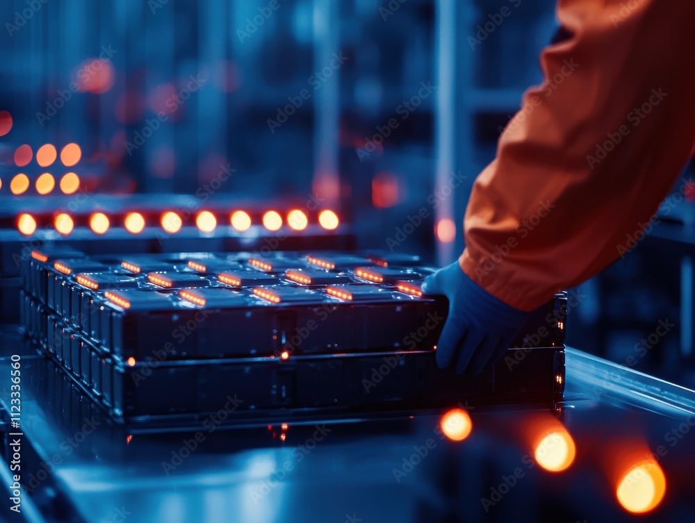 Aufkleber A worker in an industrial setting is handling battery packs on a production line, illuminated by blue and orange lights, emphasizing a high-tech environment.