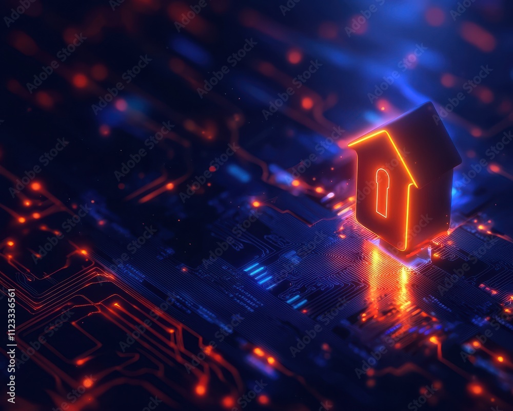 Leinwandbilder A glowing house icon set against a digital circuit board backdrop, symbolizing the intersection of technology and smart home innovation.