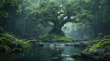 A tranquil river winding through a lush forest, with sunlight filtering through the canopy and illuminating the moss-covered rocks.