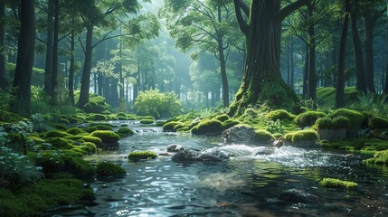 Obraz premium A tranquil river winding through a lush forest, with sunlight filtering through the canopy and illuminating the moss-covered rocks.