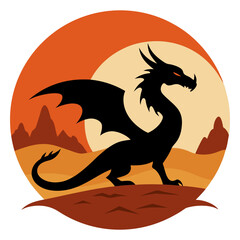 Fototapeta premium dragon silhouette in desert on retro vintage background vector art illustration t-shirt design art