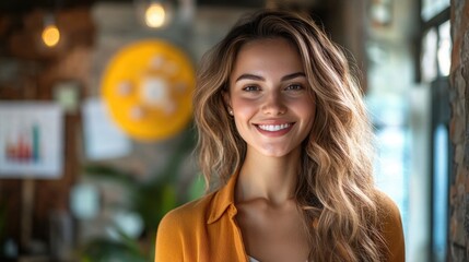 Obraz premium Smiling woman in a cozy cafe setting with warm lighting and a friendly atmosphere.