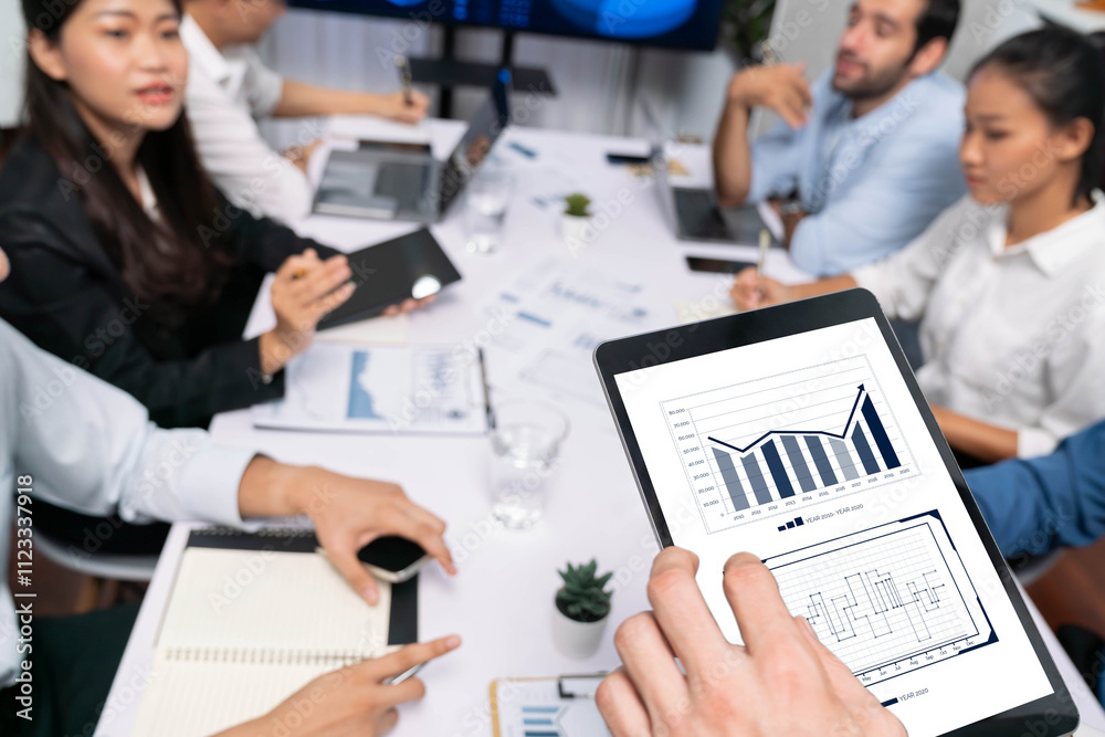 Aufkleber Analyst team uses BI Fintech display tablet to analyze financial data . Business people analyze BI software technology dashboard power for insights power into business marketing planning. Prudent