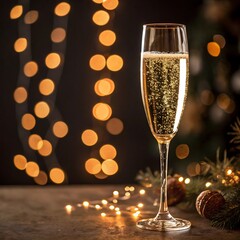 A champagne flute with golden bubbles, surrounded by sparkling fireworks and warm bokeh lights in the background, creating a celebratory atmosphere.