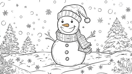 Happy snowman enjoys winter in a snowy landscape with trees and falling snowflakes