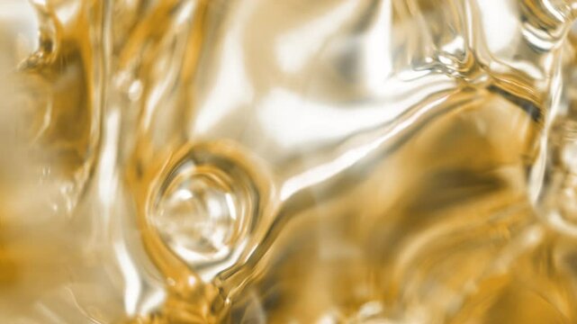 Gold cosmetic serum with liquid bubbles in a 3D abstract background. Hydrating essence gel enriched with collagen molecules. Moisturizing cream or oil for advanced skincare, beauty, and skin health.