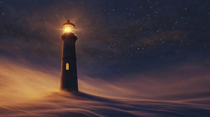 A desolate desert lighthouse standing against the night, its faint light shrouded by swirling sands.