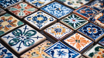 Vibrant ceramic tiles are intricately arranged, displaying a variety of floral and geometric designs