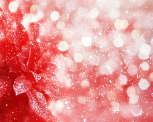 Festive red poinsettia adorned with glitter and sparkling bokeh lights during the holiday season