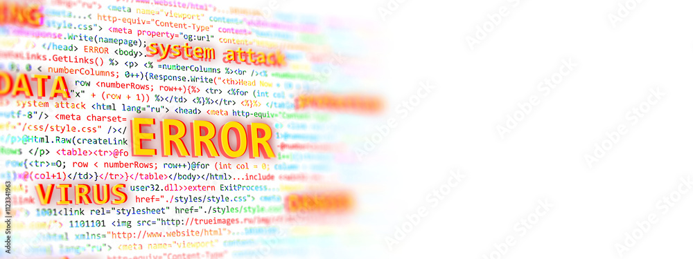 Poster Abstract colorful computer code with bold ERROR and VIRUS text, white background, highlighting cybersecurity threats and errors concept. 3D Rendering.