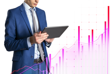 Man holding tablet in blue suit, isolated on white background, analyzing pink rising graph chart. Business, finance, growth concept