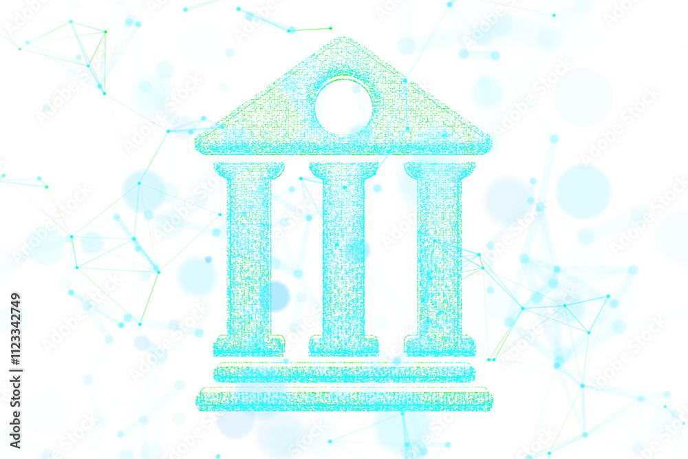 Poster abstract glowing bank icon with three pillars, dotted design on a light blue network background, rep