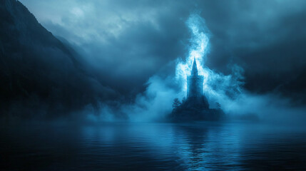 Obraz premium A desolate lakeside tower engulfed in soft blue and white flames, creating ghostly patterns on the lake below.