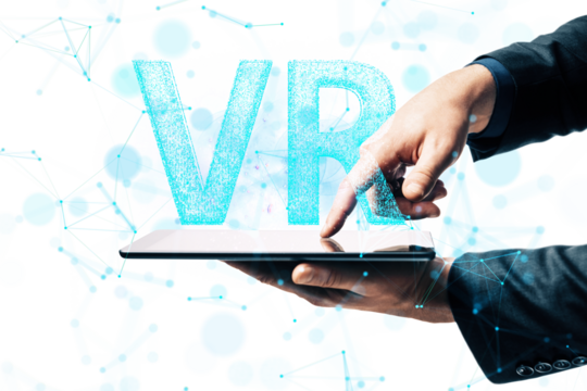 Hands holding a tablet with glowing VR text, surrounded by digital connections, on a clean white background. Concept of virtual reality
